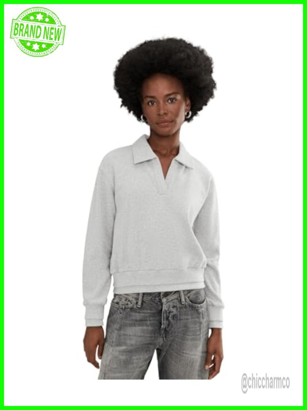 Johnny Collar Sherpa Fleece Sweatshirt V-Neck Pullover Relaxed Fit
